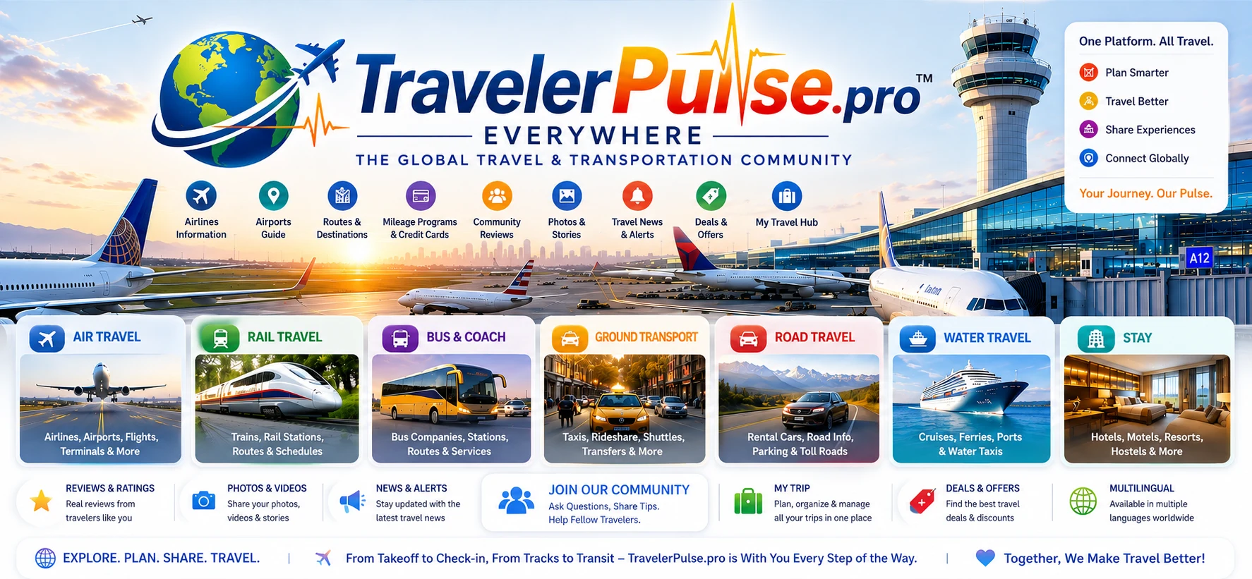 TravelerPulse — airlines, airports, rail, bus, ground, road, water travel and stays